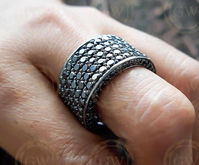 20 Ct Round Black Moissanite Diamond Mens Wedding Band, 14.50 MM Wide Pave Anniversary Wedding Ring, Full Eternity Five Row Ring For Him