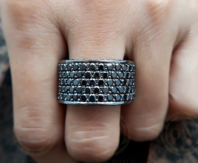 20 Ct Round Black Moissanite Diamond Mens Wedding Band, 14.50 MM Wide Pave Anniversary Wedding Ring, Full Eternity Five Row Ring For Him
