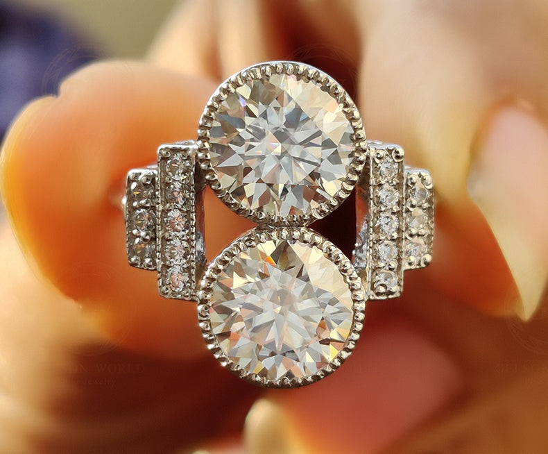 3.70 Tcw Round Cut Two stone Moissanite Vintage engagement ring, Estate Jewelry, Art Deco Wedding ring, Antique Sterling Silver