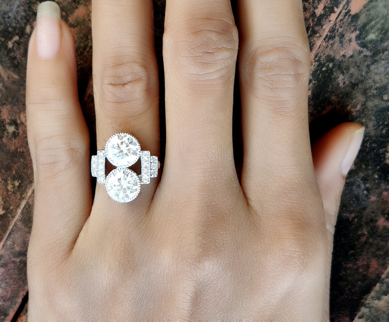 3.70 Tcw Round Cut Two stone Moissanite Vintage engagement ring, Estate Jewelry, Art Deco Wedding ring, Antique Sterling Silver