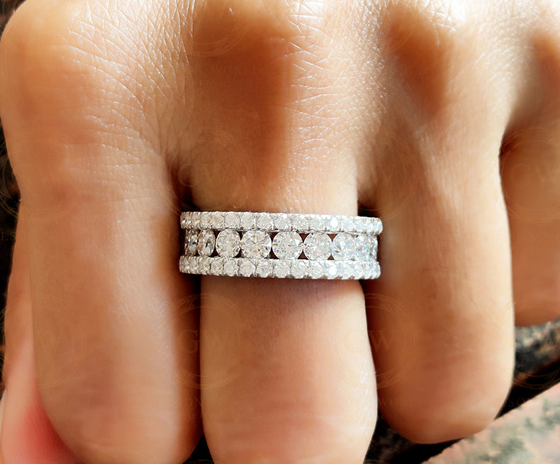 7.50 mm Wide Round Moissanite Anniversary Ring, Sterling Silver, Half Eternity Channel Set Stacking Band, 3 Row Bridal Wedding Ring