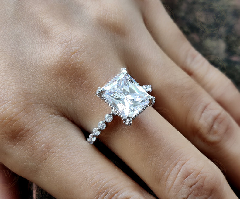 7.50 Tcw 11 x 9 mm Radiant Cut Halo Engagement Ring, Full Eternity Bridal Band, Large Stone Propose Ring, 925 sterling silver