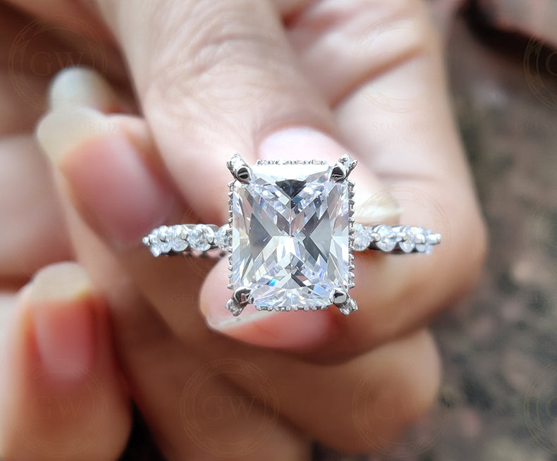 7.50 Tcw 11 x 9 mm Radiant Cut Halo Engagement Ring, Full Eternity Bridal Band, Large Stone Propose Ring, 925 sterling silver