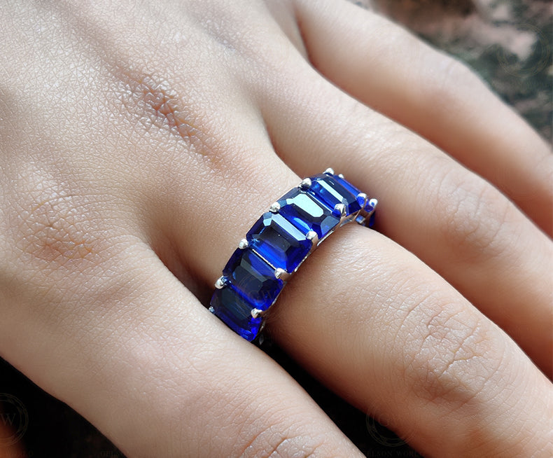 7 mm wide Blue sapphire Emerald Full Eternity Wedding Ring, Gemstone Bridal Band, Sterling silver ring, Ring for women, Blue birthstone ring