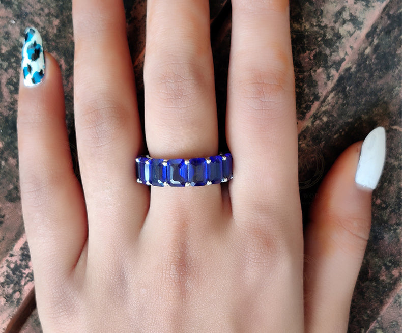 7 mm wide Blue sapphire Emerald Full Eternity Wedding Ring, Gemstone Bridal Band, Sterling silver ring, Ring for women, Blue birthstone ring