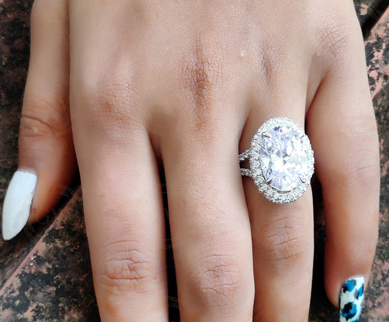 8.50 Ct Large Big Oval Halo Engagement Ring, Cocktail Ring, Celebrity Inspired Dinner Ring, Split Shank Women Wedding Ring, Gift For Her