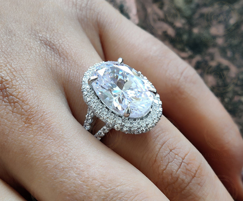 8.50 Ct Large Big Oval Halo Engagement Ring, Cocktail Ring, Celebrity Inspired Dinner Ring, Split Shank Women Wedding Ring, Gift For Her