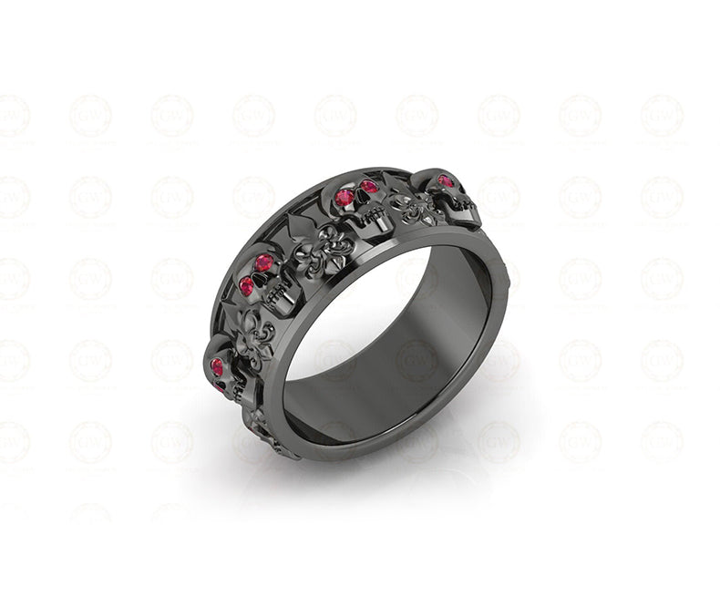 8 mm Wide Unique Gothic Skull Wedding Band, heraldic lily, Birthstone Ring, July Ruby gemstone ring, Promise Ring, Silver Eternity Band