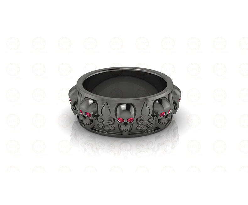 8 mm Wide Unique Gothic Skull Wedding Band, heraldic lily, Birthstone Ring, July Ruby gemstone ring, Promise Ring, Silver Eternity Band