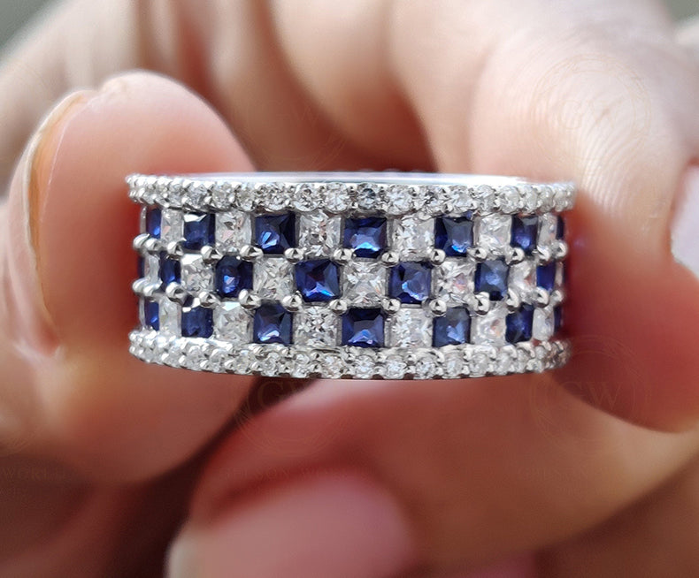 9 mm Wide Full Eternity Wedding Band, 5.20 Ct Round and Princess White & Blue Sapphire Promise Ring, Chess Pattern Stackable band ring