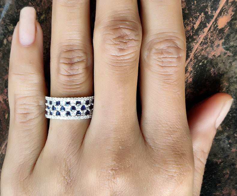 9 mm Wide Full Eternity Wedding Band, 5.20 Ct Round and Princess White & Blue Sapphire Promise Ring, Chess Pattern Stackable band ring