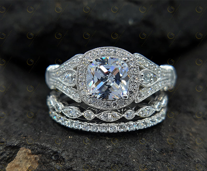 Antique Vintage Bridal Wedding Ring Set, Moissanite Diamond Engagement Ring Set For Women, 3 Piece Wedding Set, Trio Two Matching Band Set