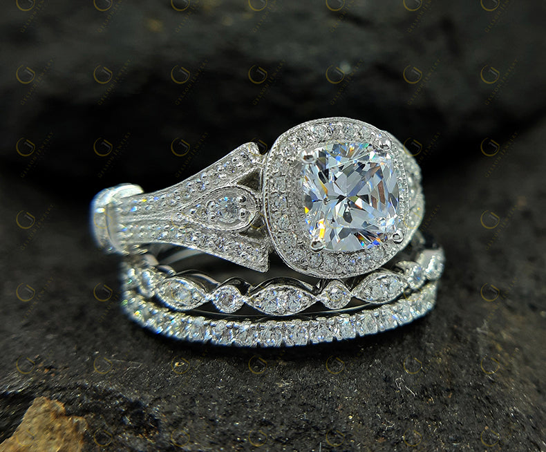 Antique Vintage Bridal Wedding Ring Set, Moissanite Diamond Engagement Ring Set For Women, 3 Piece Wedding Set, Trio Two Matching Band Set