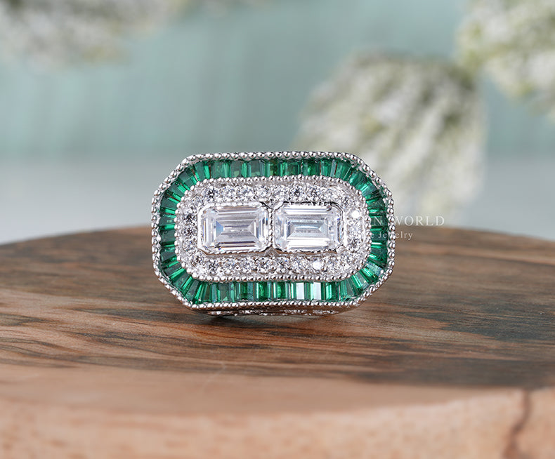 Art Deco Halo Engagement Rings, Estate Jewelry Rings, Emerald Vintage Engagement Ring, Antique Engagement Ring, Sterling Silver