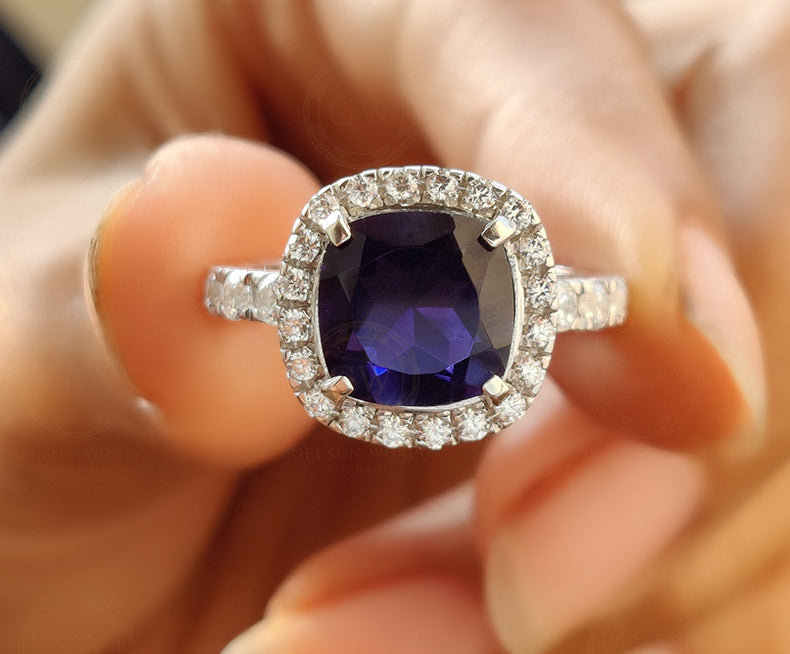 Cushion Shape Halo Engagement Ring / Gemstone Ring / Blue Sapphire Wedding Ring / Sterling Silver / Classic Ring For Women / Gift For Her - Gelson World - Premium Silver and Gold Jewelry for USA Shoppers