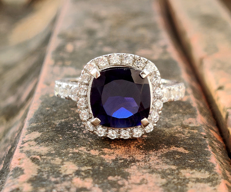 Cushion Shape Halo Engagement Ring / Gemstone Ring / Blue Sapphire Wedding Ring / Sterling Silver / Classic Ring For Women / Gift For Her - Gelson World - Premium Silver and Gold Jewelry for USA Shoppers
