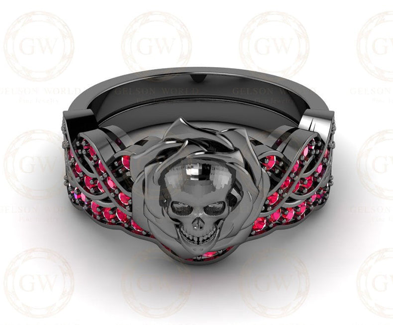 Gothic Skull Bridal CZ Wedding Ring Sets, Rose Floral Gemstone Engagement Ring, Sterling Silver, Criss Cross Nature Inspired Design - Gelson World - Premium Silver and Gold Jewelry for USA Shoppers
