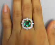 Ocean Green Asscher cut Vintage Engagement ring, art deco style Wedding ring, Antique Two Tone statement ring In Sterling Silver