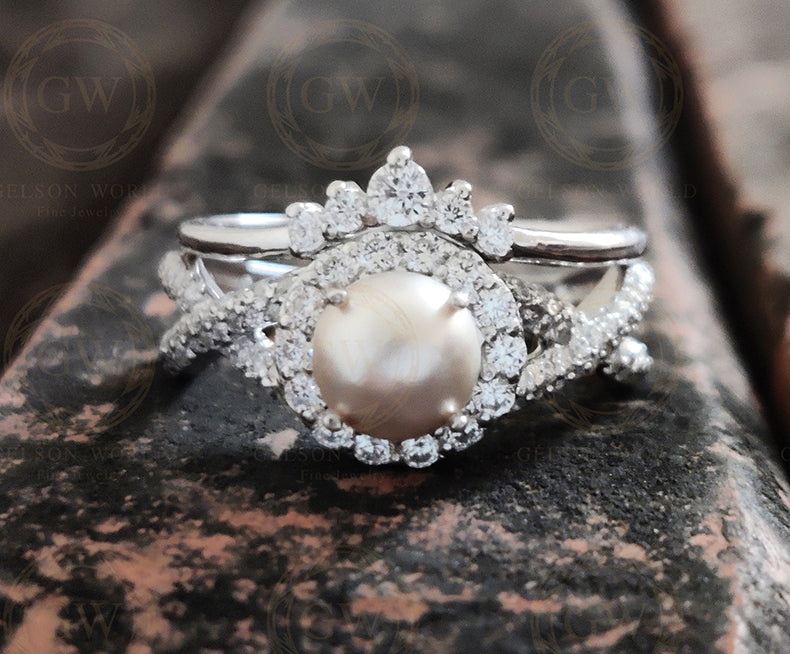 Pearl Halo Engagement Wedding Ring Set, Sterling Silver, Simulated Diamond, Twisted Split Shank Classic Gemstone Bridal Ring For Women - Gelson World - Premium Silver and Gold Jewelry for USA Shoppers
