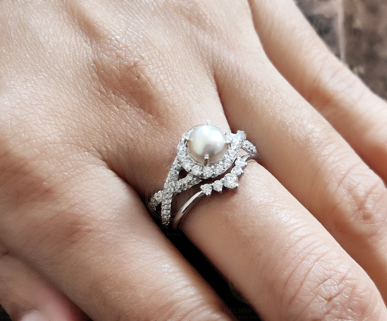 Pearl Halo Engagement Wedding Ring Set, Sterling Silver, Simulated Diamond, Twisted Split Shank Classic Gemstone Bridal Ring For Women - Gelson World - Premium Silver and Gold Jewelry for USA Shoppers
