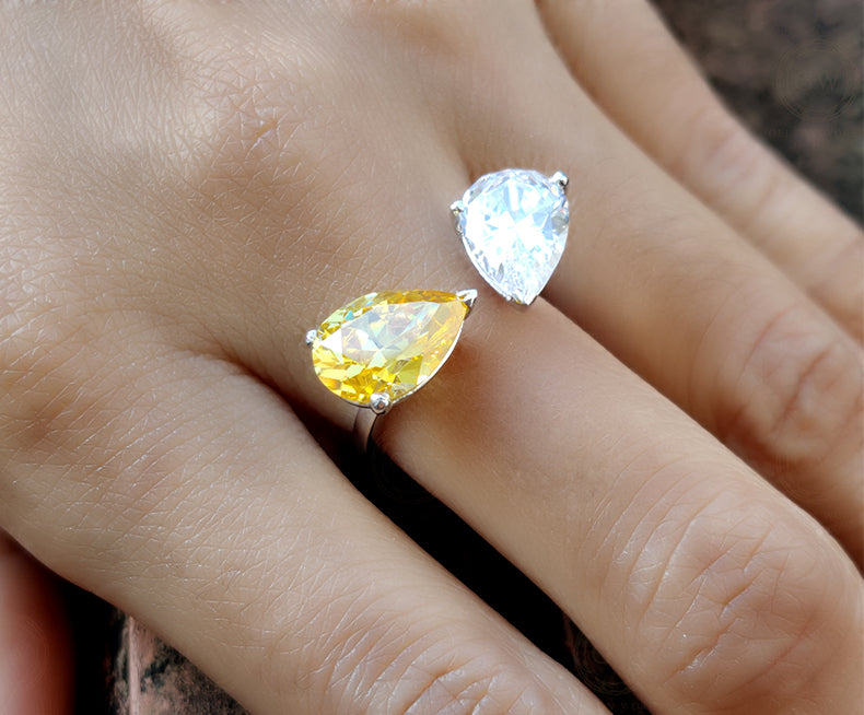 Toi Et Moi Ring, 2 Pear Engagement Ring, Sterling Silver Wedding Ring, White & Yellow Pear Ring, Teardrop Anniversary Women ring