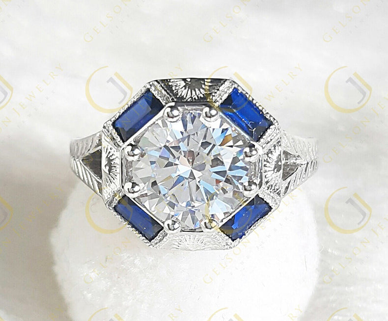 Vintage Engagement Ring, Round Moissanite Ring, Art deco Antique Style ring, Wedding Ring, Promise Ring for Her, Sapphire Baguette Ring