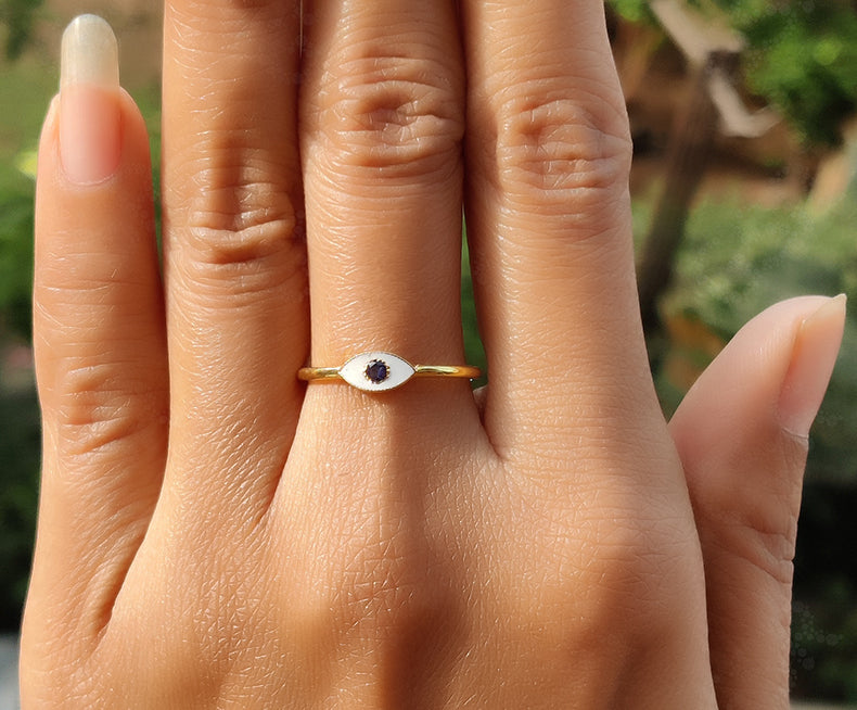 Dainty Evil Eye Stacking Ring - Gold Minimalist Ring - Natural Blue Sapphire - Minimal Birthstone Ring - Personalized Jewelry - White Enamel