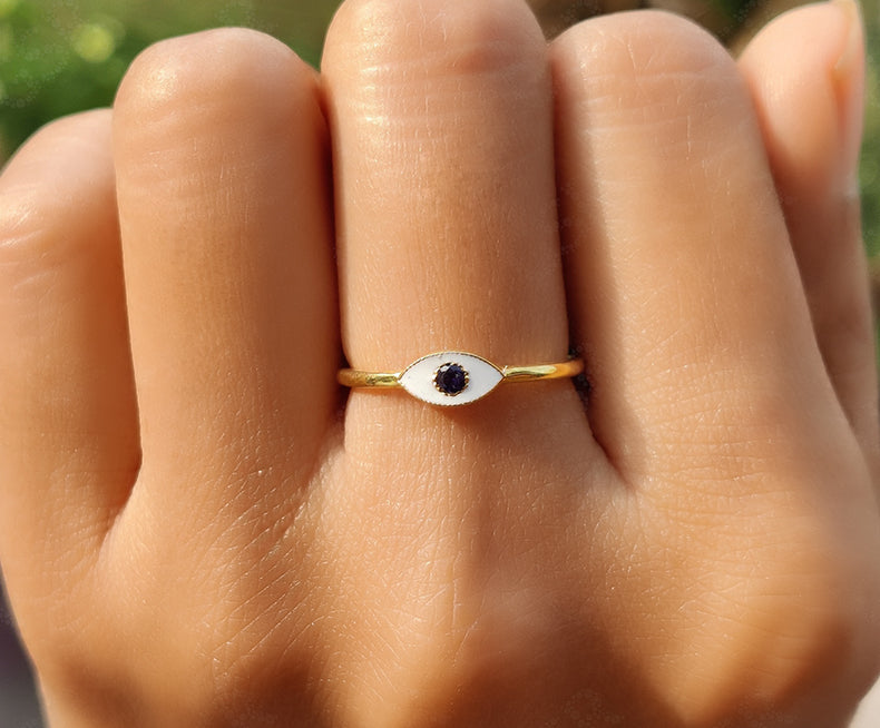 Dainty Evil Eye Stacking Ring - Gold Minimalist Ring - Natural Blue Sapphire - Minimal Birthstone Ring - Personalized Jewelry - White Enamel