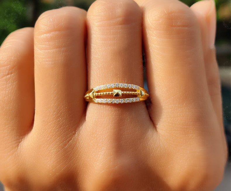 Dainty Gold Anniversary Ring - Moissanite Stacking Silver and Gold Stackable Ring - Vintage Minimalist Art Deco Promise Ring