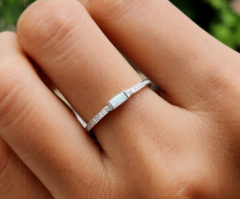 Dainty Opal Baguette Stacking Rings - October Birthstone Ring for Women, Minimalist and Delicate Gold Opal Gemstone Ring