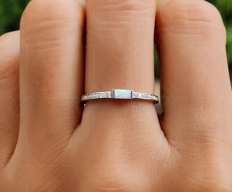 Dainty Opal Baguette Stacking Rings - October Birthstone Ring for Women, Minimalist and Delicate Gold Opal Gemstone Ring