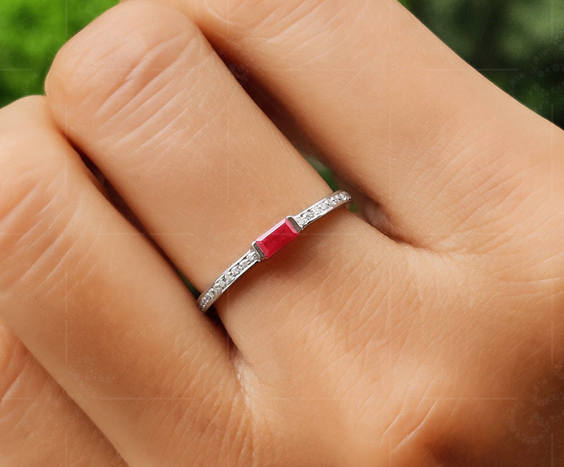Dainty Ruby Baguette Stacking Ring - July Birthstone Ring for Women, Minimalist and Delicate Ruby Gemstone Ring, Perfect for Stacking