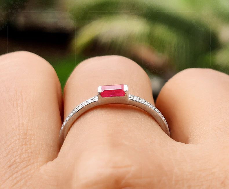 Dainty Ruby Baguette Stacking Ring - July Birthstone Ring for Women, Minimalist and Delicate Ruby Gemstone Ring, Perfect for Stacking