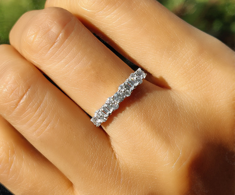 Dazzling Moissanite Cluster Anniversary Ring in Silver and Gold: A Baguette Stackable Beauty for Minimalist Elegance and Memorable Celebrations