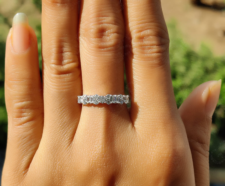 Dazzling Moissanite Cluster Anniversary Ring in Silver and Gold: A Baguette Stackable Beauty for Minimalist Elegance and Memorable Celebrations