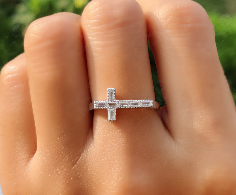 Divine Elegance: Christian Cross Stacking Ring in Silver and Solid Gold with Baguette Moissanite, a Symbol of Faith and Grace for Women