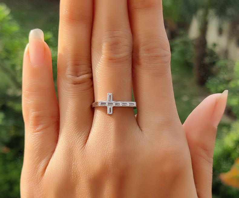 Divine Elegance: Christian Cross Stacking Ring in Silver and Solid Gold with Baguette Moissanite, a Symbol of Faith and Grace for Women