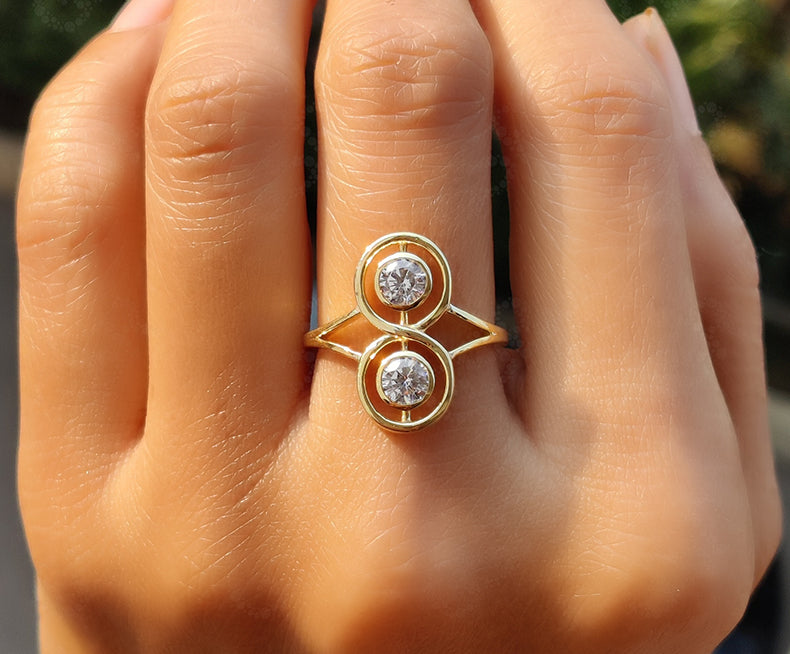 Double Delight: Modern Two Stone Moissanite Infinity Ring in 14K Gold – Symbolizing Eternal Togetherness