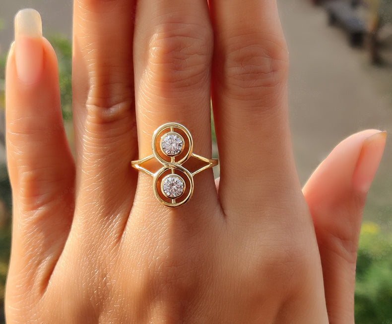 Double Delight: Modern Two Stone Moissanite Infinity Ring in 14K Gold – Symbolizing Eternal Togetherness