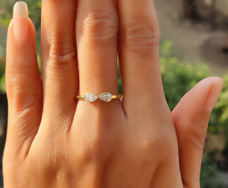 Dual Elegance: Toi et Moi Pear Moissanite Ring - A Symbol of Eternal Love in Silver and Gold, Perfectly Minimalist Stacking Rings