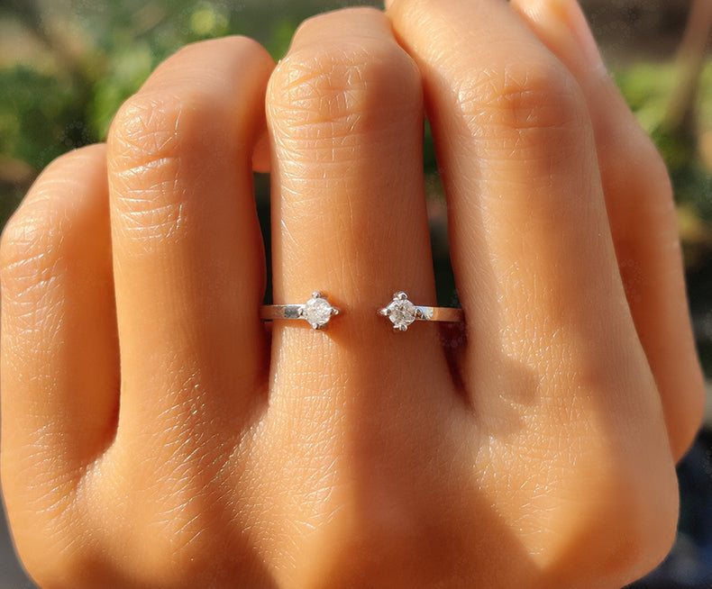 Dual Stone Minimalist Ring - Silver and White Gold Moissanite Open Cuff