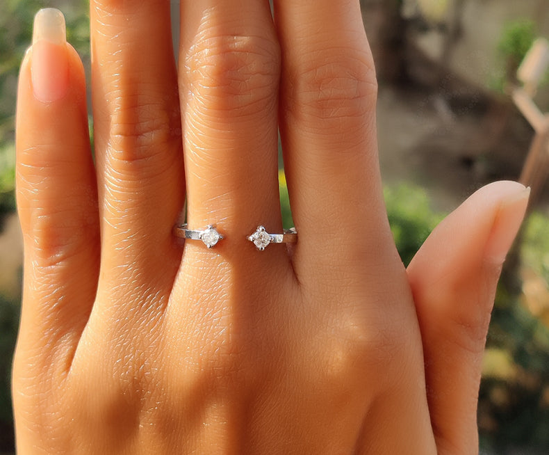 Dual Stone Minimalist Ring - Silver and White Gold Moissanite Open Cuff