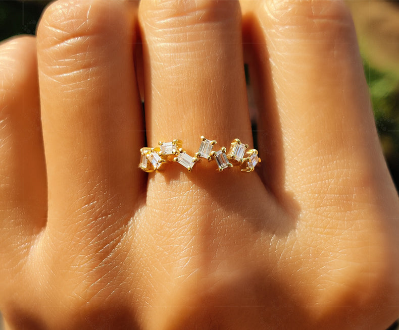 Elegance in Fusion: Baguette Moissanite Cluster Ring, Silver & Yellow Gold Stackable – A Delicate Promise Ring for Her