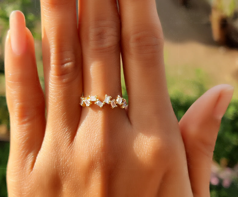Elegance in Fusion: Baguette Moissanite Cluster Ring, Silver & Yellow Gold Stackable – A Delicate Promise Ring for Her