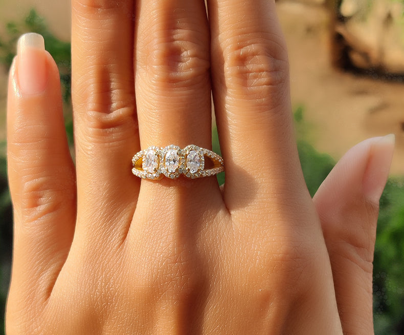 Elegant 3 Stone Oval Halo Engagement Ring - Silver and Gold Moissanite Beauty - Split Shank Anniversary and Wedding Ring for Women - Classic Three Stone Ring