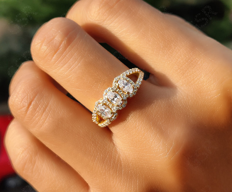 Elegant 3 Stone Oval Halo Engagement Ring - Silver and Gold Moissanite Beauty - Split Shank Anniversary and Wedding Ring for Women - Classic Three Stone Ring