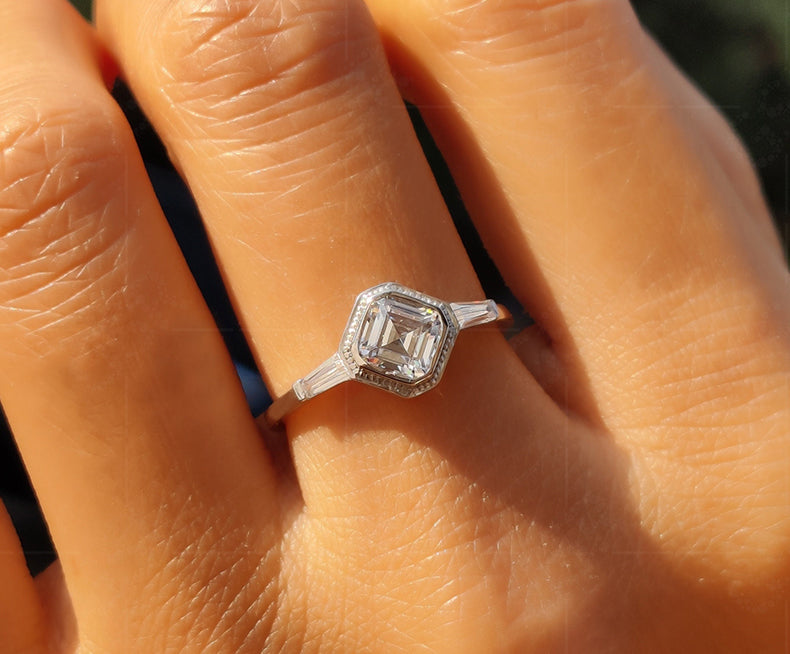 Elegant 3 Stone Vintage Art Deco Engagement Ring - Asscher & Tapered Baguette Moissanite Beauty - Silver and Gold Minimalist Dainty Wedding Ring