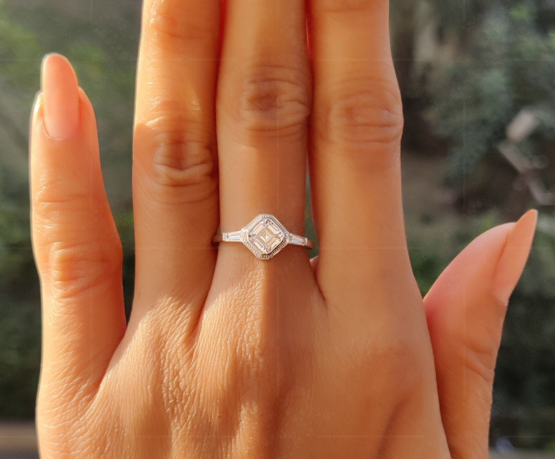 Elegant 3 Stone Vintage Art Deco Engagement Ring - Asscher & Tapered Baguette Moissanite Beauty - Silver and Gold Minimalist Dainty Wedding Ring
