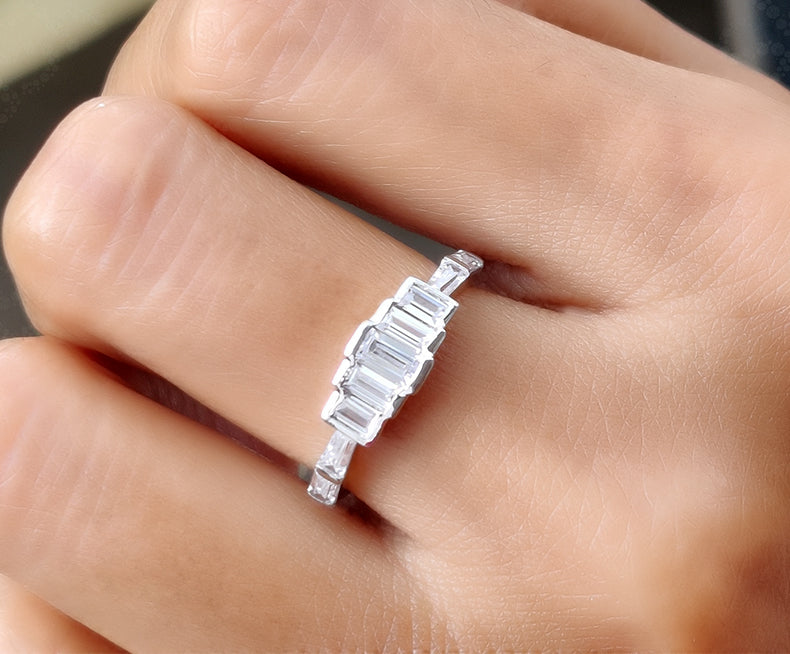 Elegant 5 Stone Baguette Engagement Ring - Silver and Gold Minimalist Beauty with Colorless Moissanite - Dainty Wedding Ring for Women