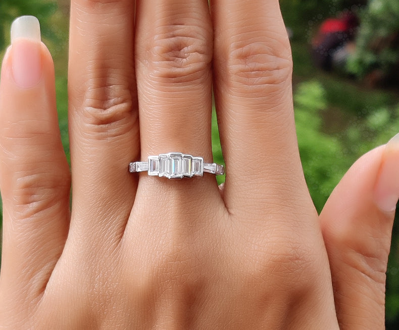 Elegant 5 Stone Baguette Engagement Ring - Silver and Gold Minimalist Beauty with Colorless Moissanite - Dainty Wedding Ring for Women